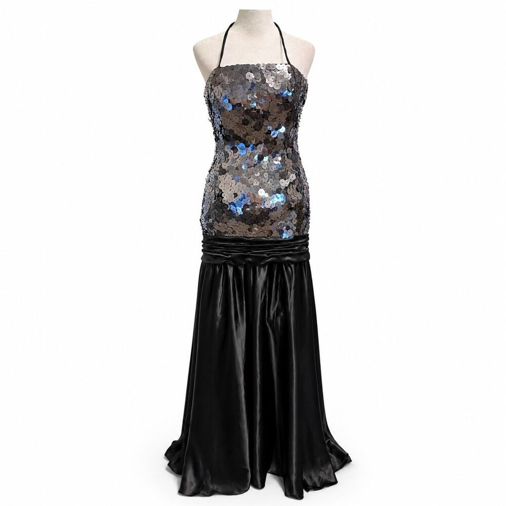 VTG 90s Flirt Maggie Sottero Drop Waist Corset Satin Sequin Disc Prom Dress 8